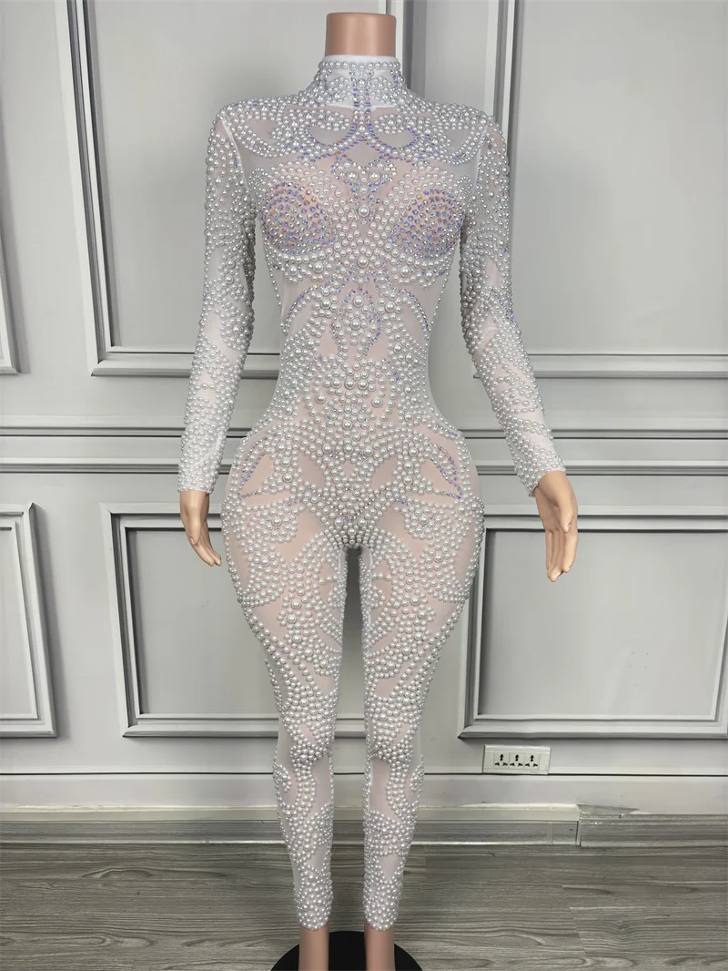 

White Pearls Leotard Sexy Long Sleeve Bodysuit Nightclub Dance Outfit Singer