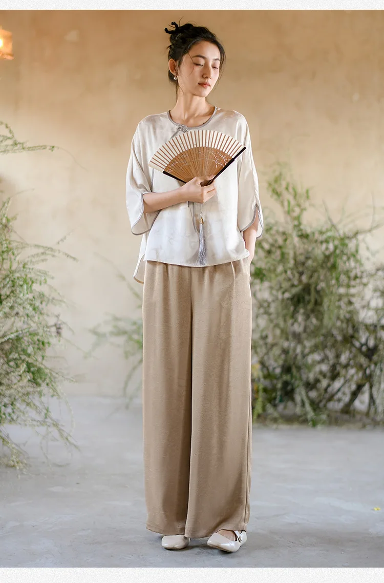 New Chinese Style Women Summer Thin Faux Acetate Wide Leg Pants Women Fall High Waist Slim Straight Lean Casual Pants