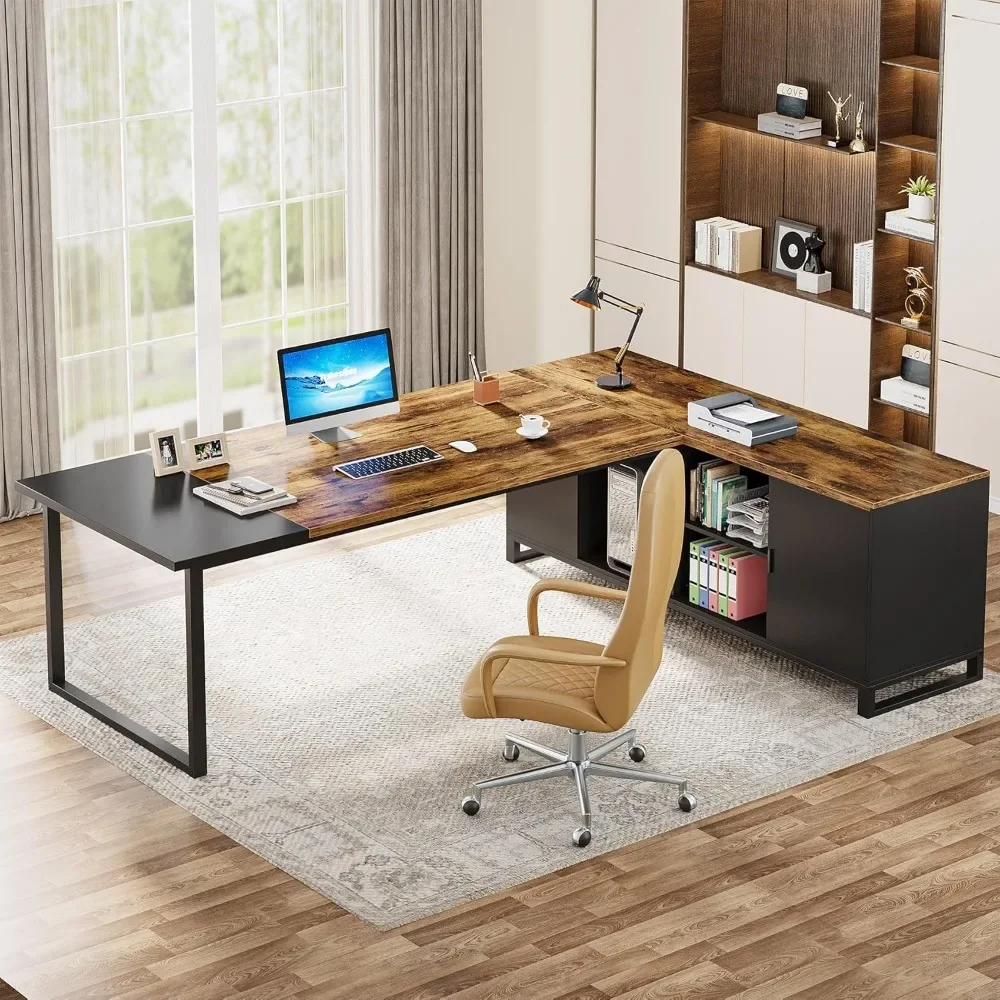 Executive Desk 70.8" 55" File , L Shaped Computer Desk Storage Shelves and Cabinet, Large L Shaped Executive Home Office