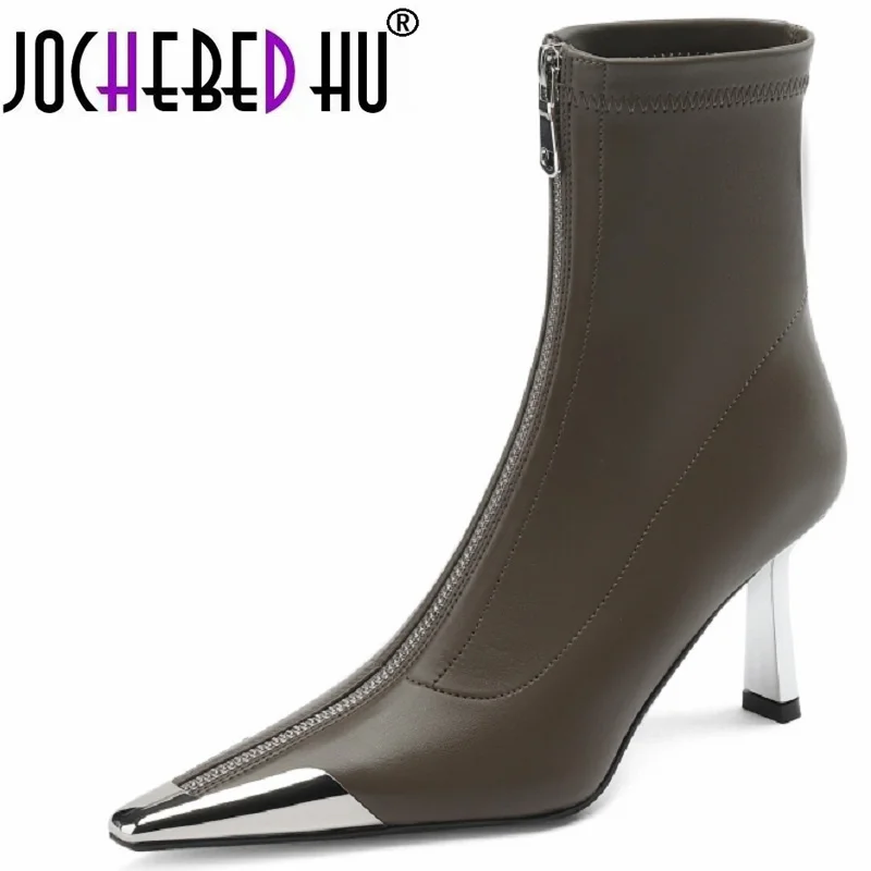 

【JOCHEBED HU】Brand Autumn winter Women ankle boots Elastic Microfiber modern square toe front zip boots Size 34-42