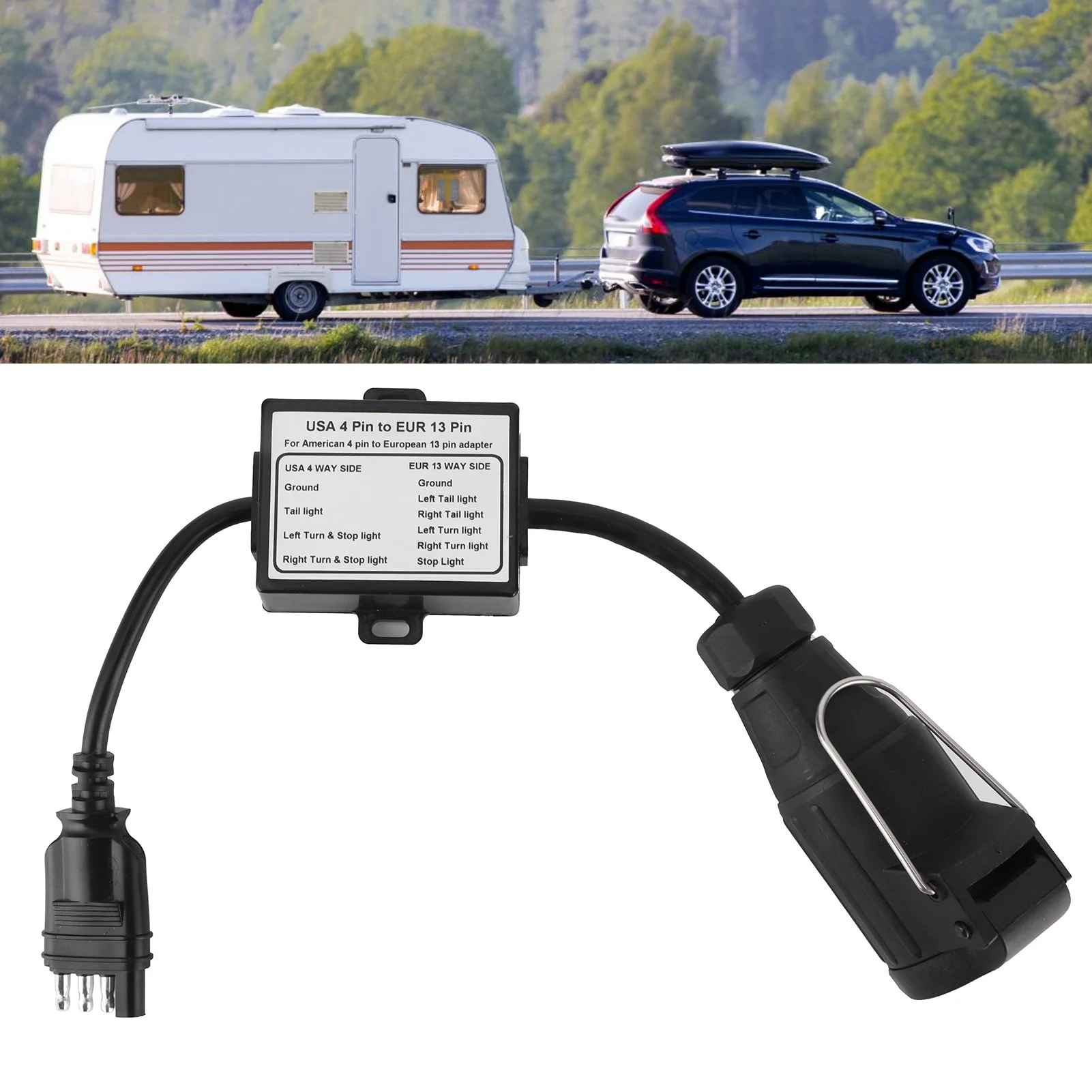Portable Trailer Connector US 4‑pin Flat Plug To EU 13‑pin Trailer Light Circuit Wiring Converter