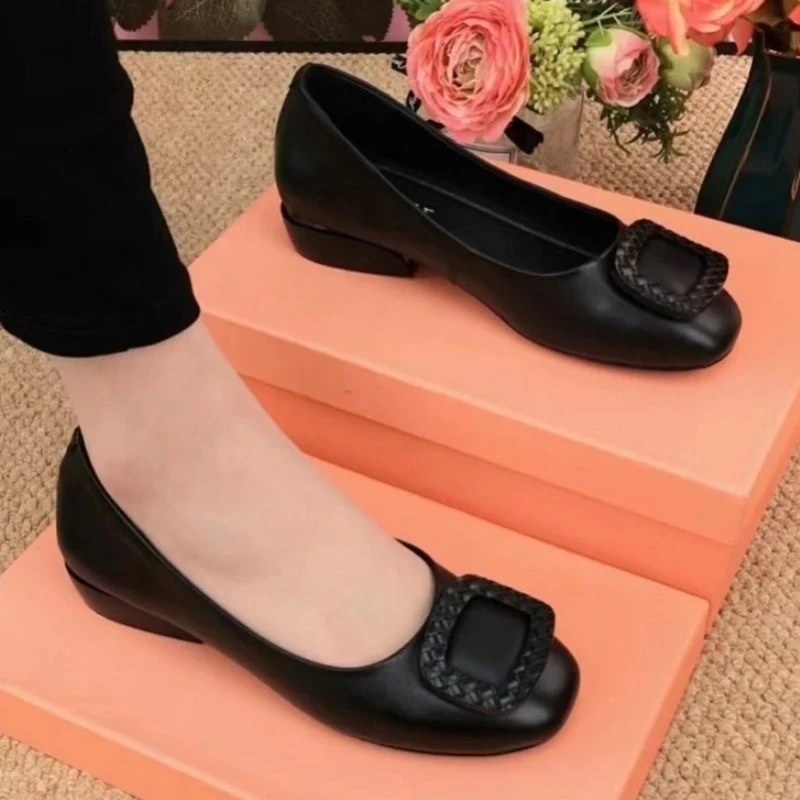 Women Pumps Soft Pu Leather Women's Low Heel Shoes Shallow Mouth All-match Pumps Thick Heels Ladies Work