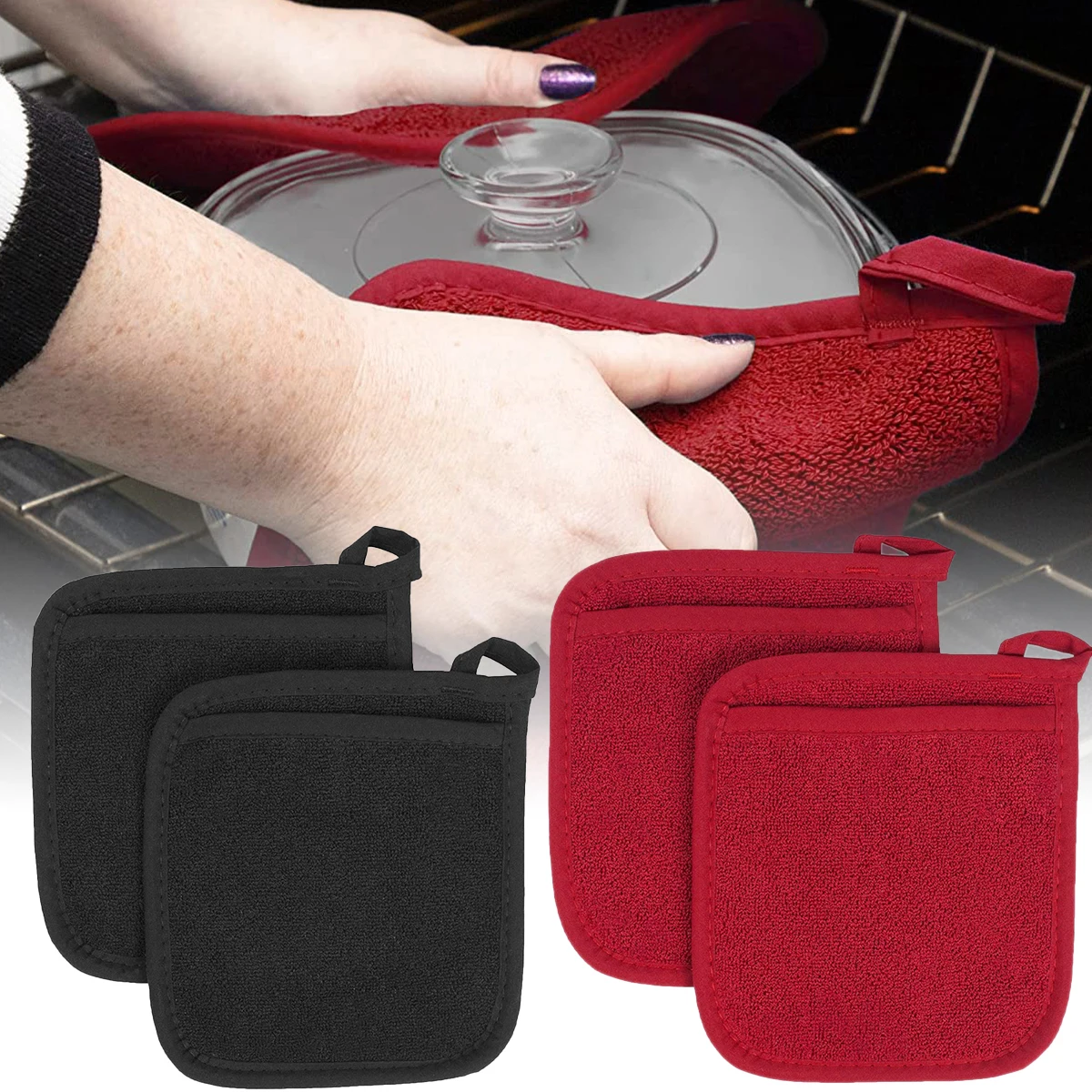 

New2Pcs Pot Holders Reusable Soft Polyester Kitchen Hot Pads with 2 Pocket Portable Washable Heat Resistant Oven Hot Pads
