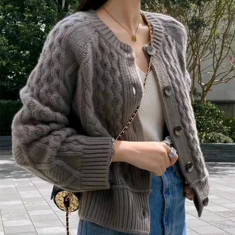 Fall Winter New Style 100% Pure Wool Sweater Cashmere Cardigan Women Loose Lazy O-Neck Twist Cardigans Thick Warm Knitted Jacket 3