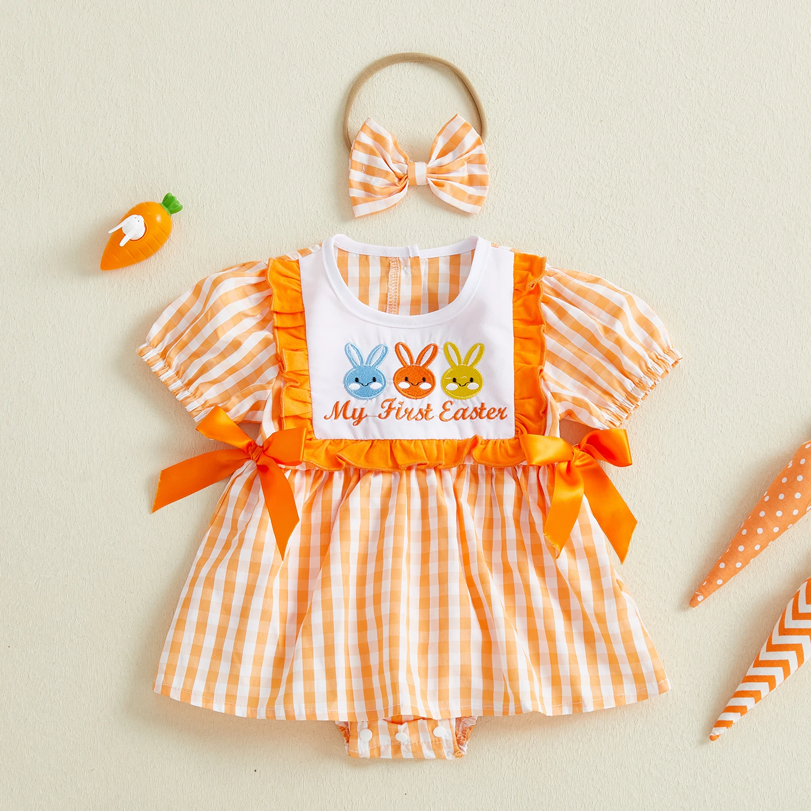 Adorable Toddler Girl Spring Outfit Flutter Sleeve Floral Print Romper Dress with Matching Bow Headband Set for Easter