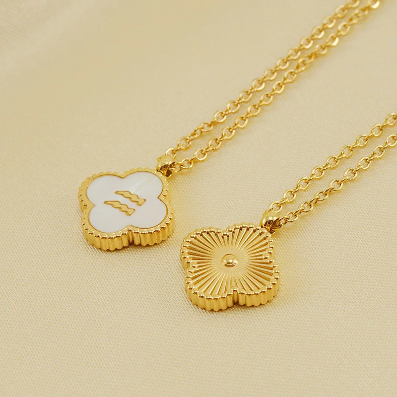 

Clover12 Horoscope Zodiac Sign Necklace for Women Gold Stainless Steel Long Chain Shell Pendant 12 Constellations Necklace Gift