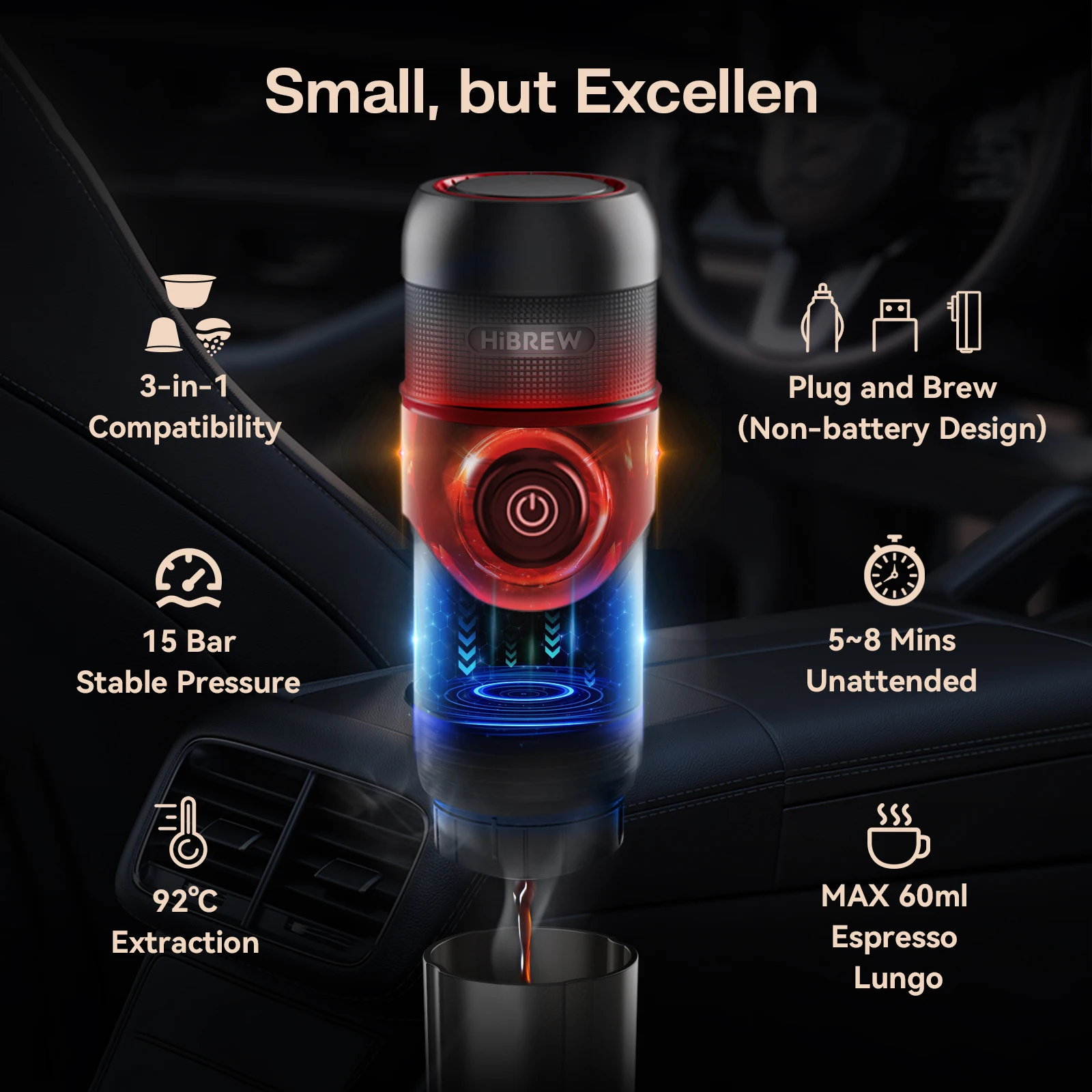 Coffee Maker HiBREW Portable DC12V Expresso Fit Nexpresso Dolce Pod Capsule Powder H4 For Car & Home