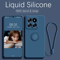 Premium Liquid Silicone Case with Ring Holder and Strap - Durable and Stylish Protection for Mi 14T (Navy Blue)