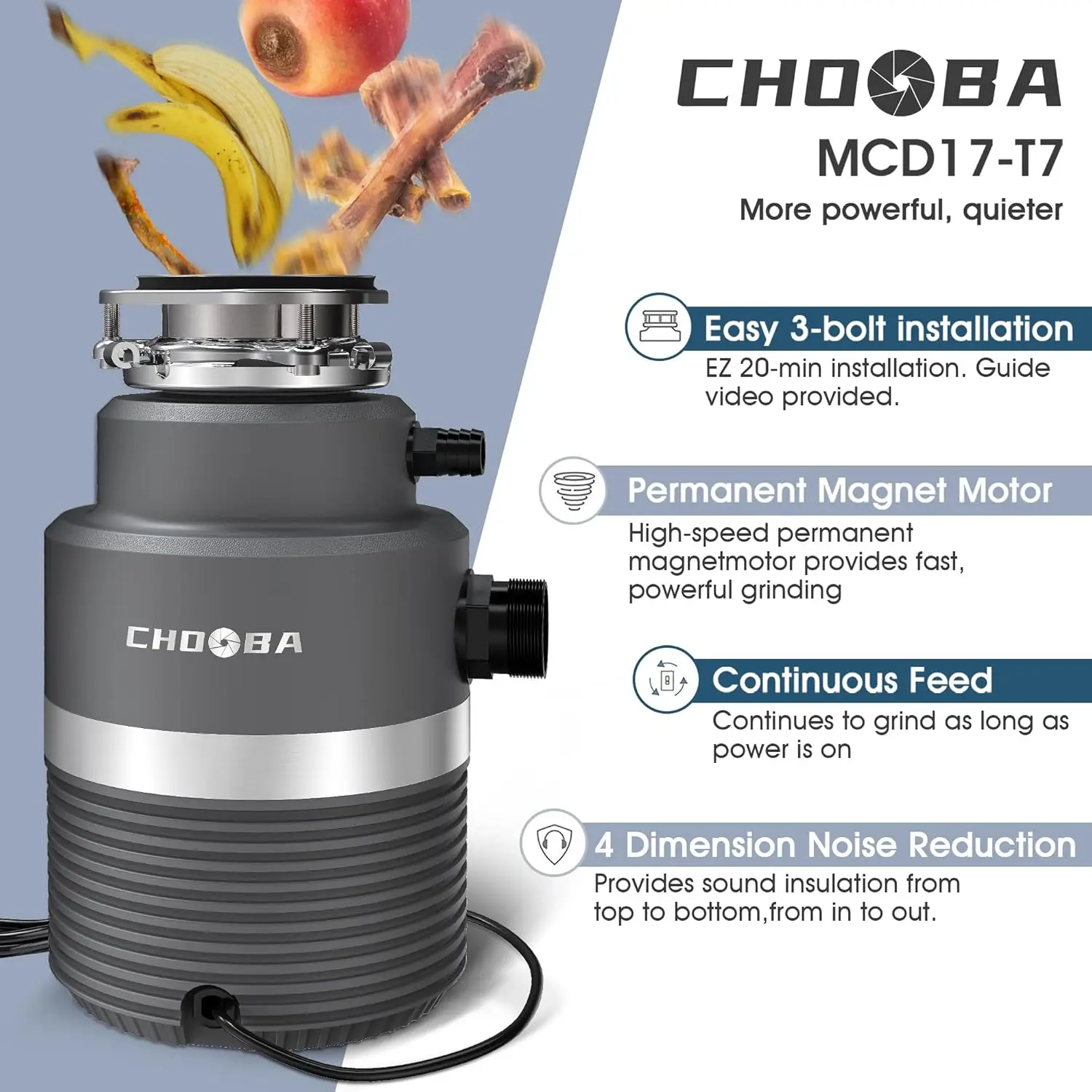Continuous Feed Food Waste Disposal, Quiet Kitchen Garbage Disposal with Dishwasher Connection, Stainless Steel 5 Stage Grinding