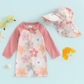 Tregren 0-3 anni Costume da bagno Rash Guard per bambina con cuffia da bagno a maniche lunghe con stampa floreale/albero tropicale Costume da bagno con cerniera 1