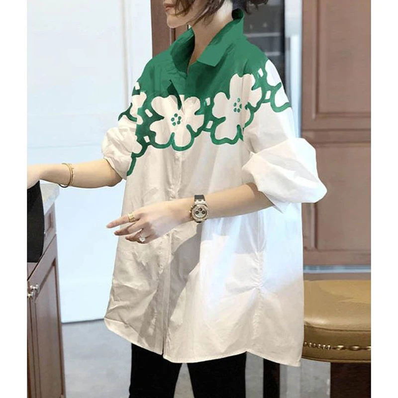 2023 Spring Summer New Fashion Floral Printing Patchwork Shirt Women POLO Collar Single Breasted Long Sleeve Loose Casual Tops