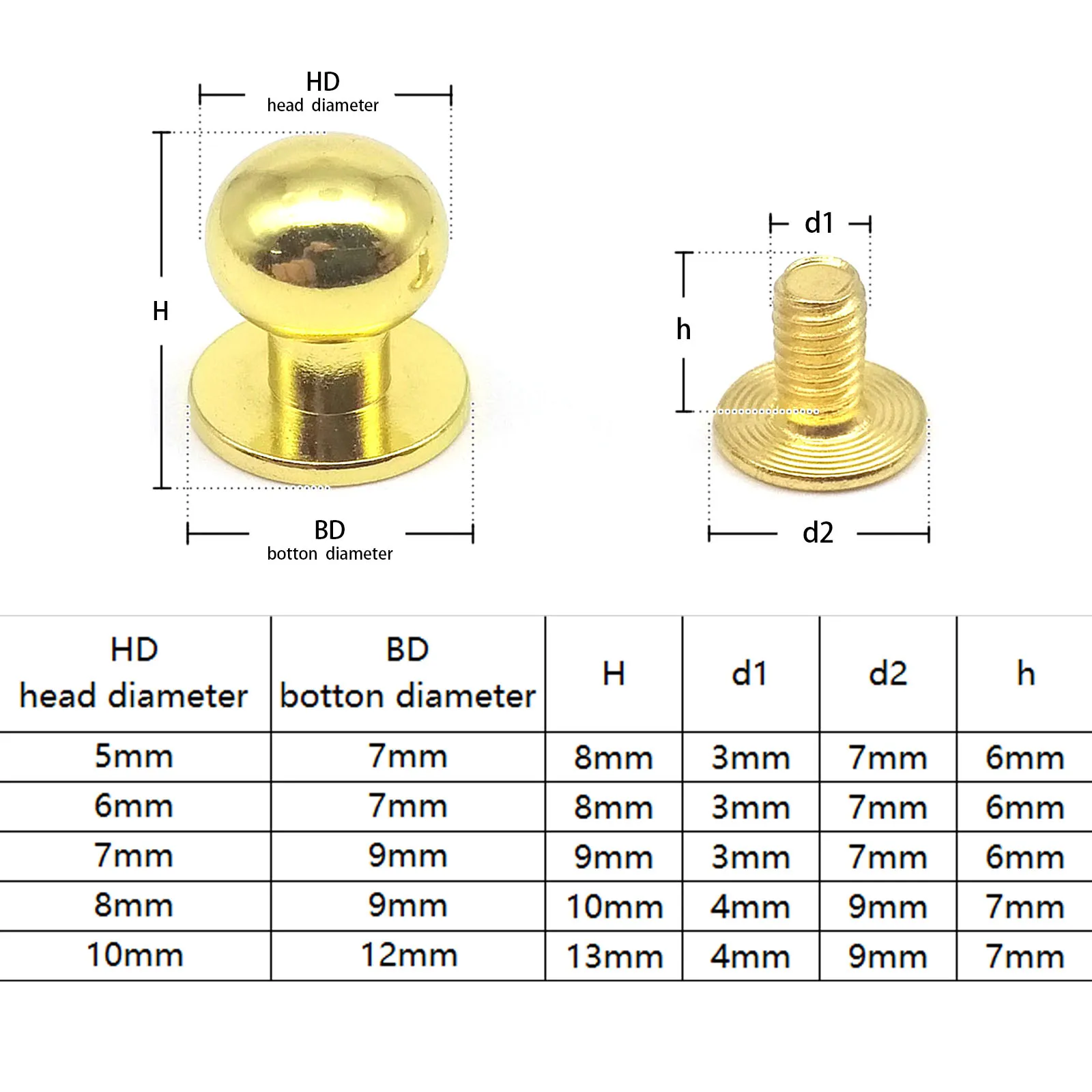 10pcs Solid Brass Copper Round Ball Head Leather Bag Purse Wallet Belt Strap Chicago Screw Back Post Nail Rivet Stud Drawer Knob leather hardware
