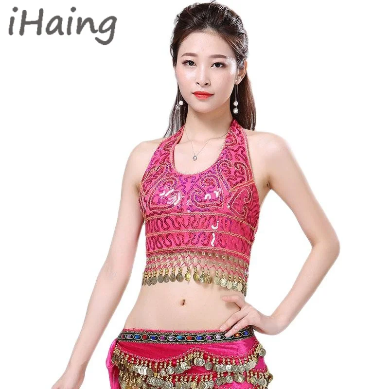 

Sexy Belly Dancing Crop Tops Womens Sparkle Sequins Bra Top Glitter Rave Dance Costume Clubwear Lady Push Up