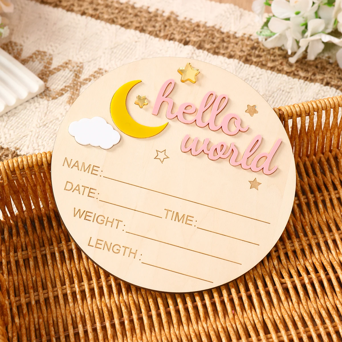 Cartello In Legno Per Neonato 'Hello World' 15 Cm, Targa Benvenuto Per Baby Shower E Foto