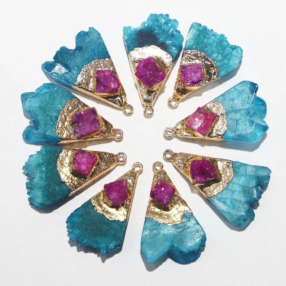 Natural Stone Blue Agate Bruzy Gold Plated Scalloped Necklace Pendant Metal Mineral Specimen Slice Charms Rough For Jewelry 6Pcs