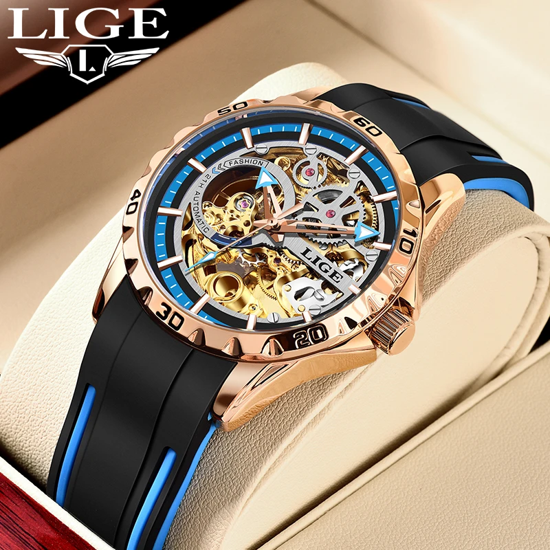 LIGE 43MM Skeletonized Design Automatic Mechanical Watch For Men Luxury Sport Big Dial Waterproof Rubber Strap reloj hombre