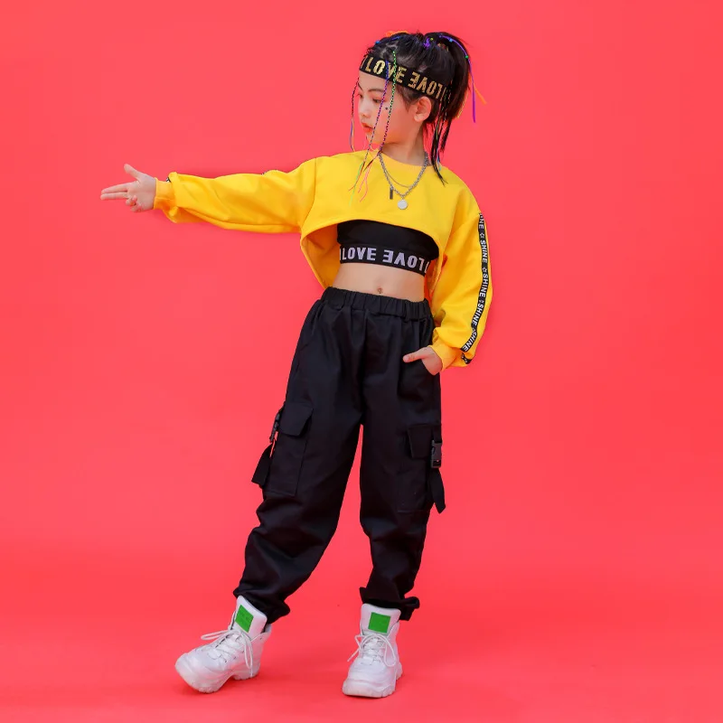 Hiphop Pants Suit Girls Jazz Street Dance Wear Children\'S Day New Summer Hip-Hop Dance Costumes For Kids Yellow Crop Top