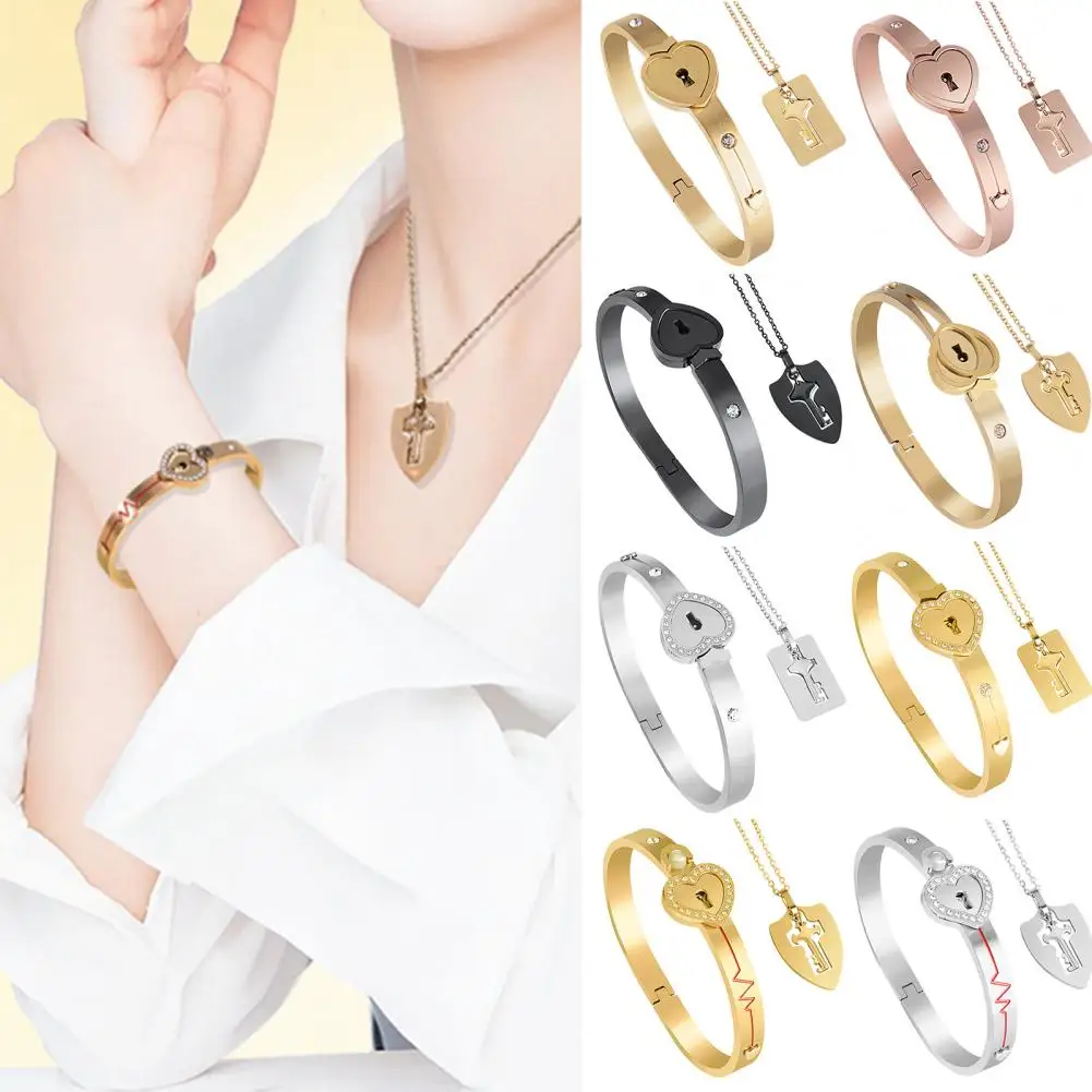1 Set Beautiful Unisex Heart Bracelet Key Charm Choker Set Non-fading Bracelet Choker Set Bright Luster for Dating 5