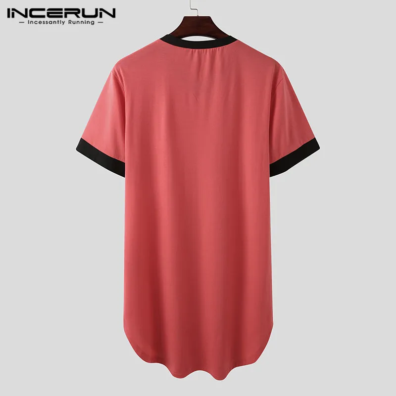 INCERUN New Men's Nightgown Fashion Patchwork Sleep Robe Solid Sleepwear Short Sleeve Bathrobe Loose V Neck Nightwear S-5XL 2023