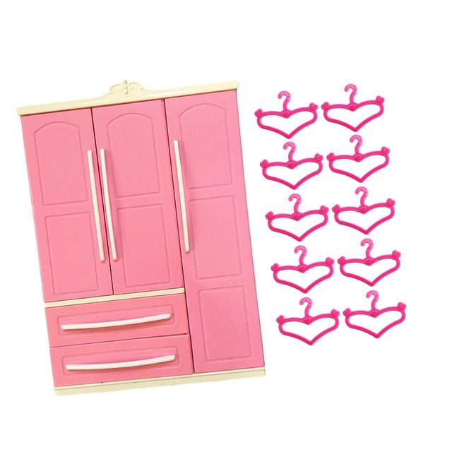 Doll Openable Wardrobe Closet Holiday Present Cute Decorative with 10 Hangers Doll Furniture Valentines Day Gifts for Kids