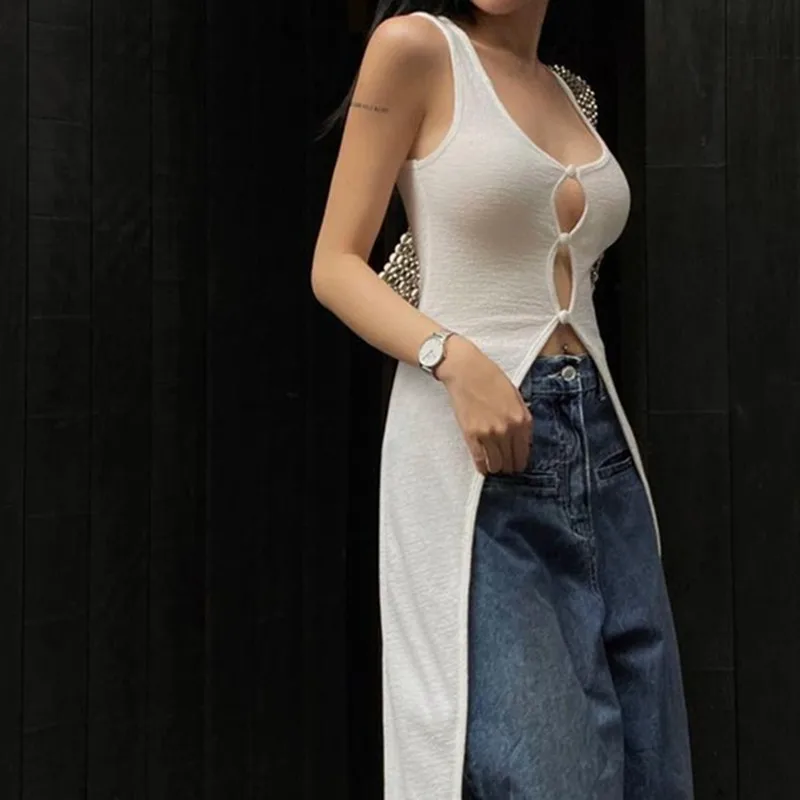 

2022 Summer Long T-shirt Hot Style Sexy Low-cut U-neck Breasted Hollowed-out Slim Mid-length Suspender Dress Women