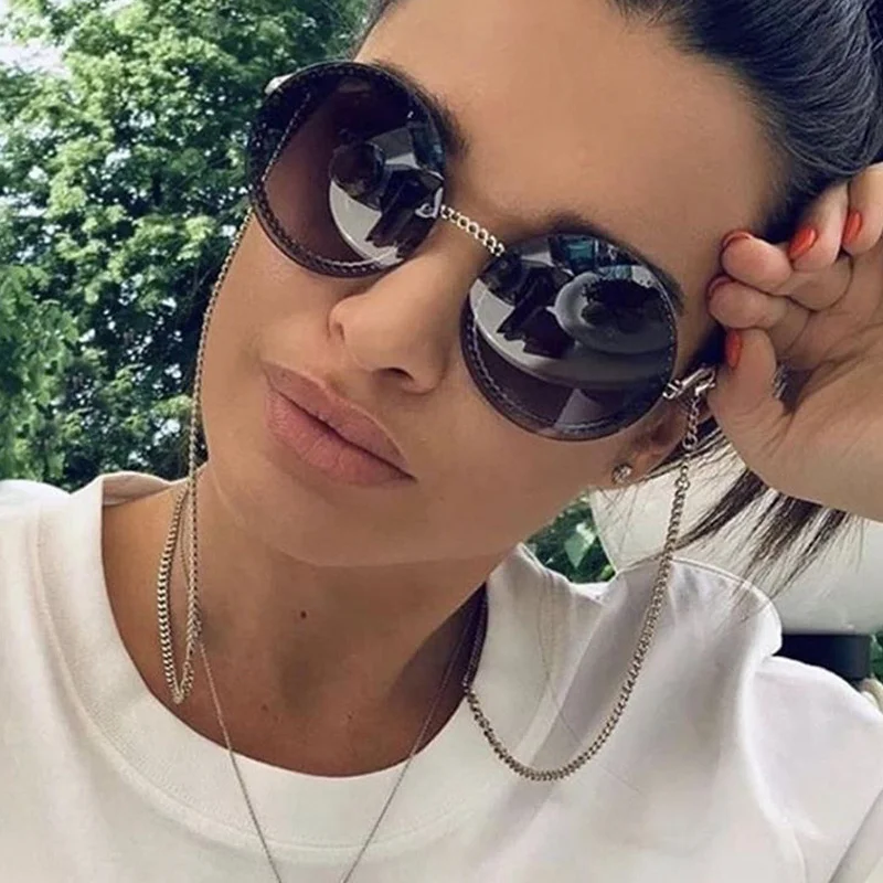 QPeClou 2019 Fashion Chain Round Sunglasses Women Metal Brand Designer Sun Glasses Men Black Eyeglasses Not Included Chain Women's Glasses