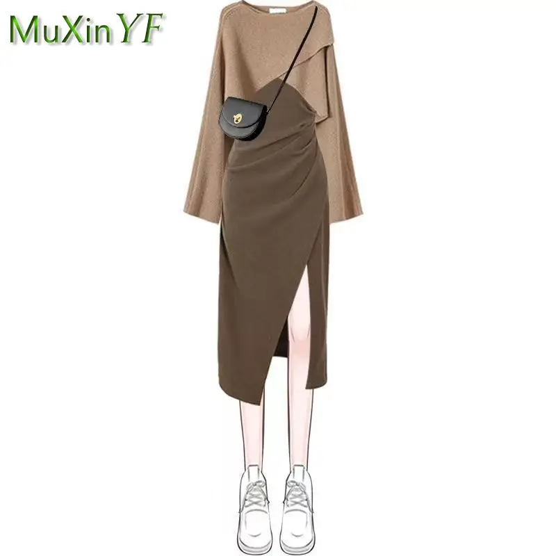 Women's Spring Autumn New Dress Matching Set Korean Elegant Vintage Knitted Sweater+Sexy Split Sling Midi Skirt Two Piece Set