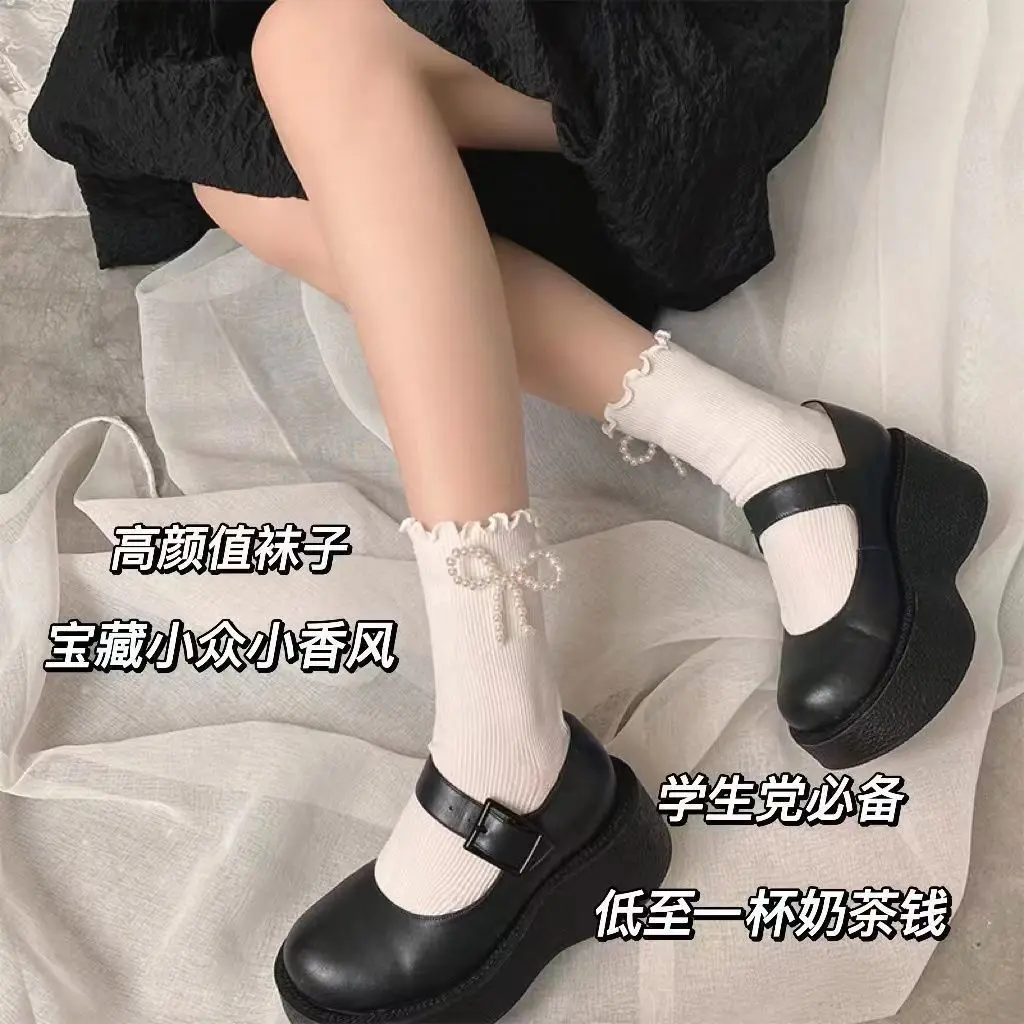 Frauen Socken Baumwolle Weibliche Dünne Nette Süße Kawaii Lolita Harajuku Sommer Perle Strümpfe Spitze Socke Weiß Schwarz Rüschen Mädchen Sox – Detail 4