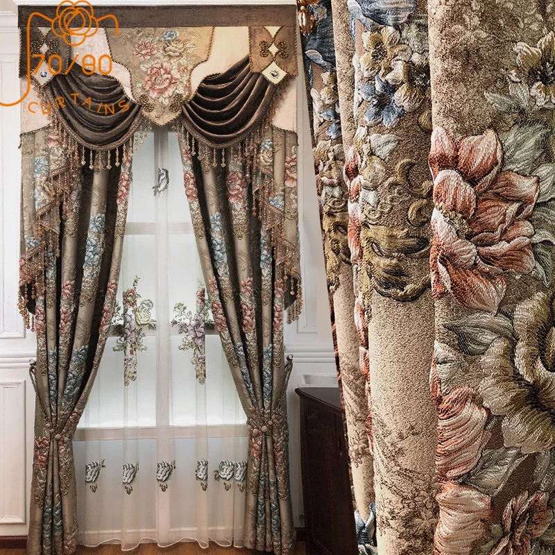 

New European Embroidery Relief Thickened Curtains for Living Room Bedroom French Window Villa Customized Products