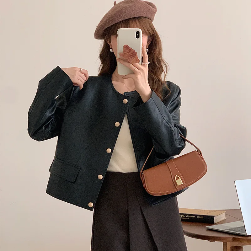 

Fashionable short leather jacket for women's early autumn 2023 new Korean round neck PU leather jacket top