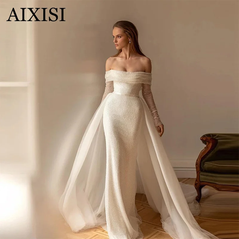 

Glitter Mermaid Off The Shoulder Wedding Dress Full Sleeves Detachable Train Vestidos De Novia Lace Tulle Robe de mariee 2022