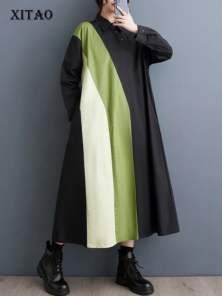 

Свободное платье-рубашка XITAO ZZ0132, модное повседневное приталенное платье в стиле пэчворк контрастных цветов, весна