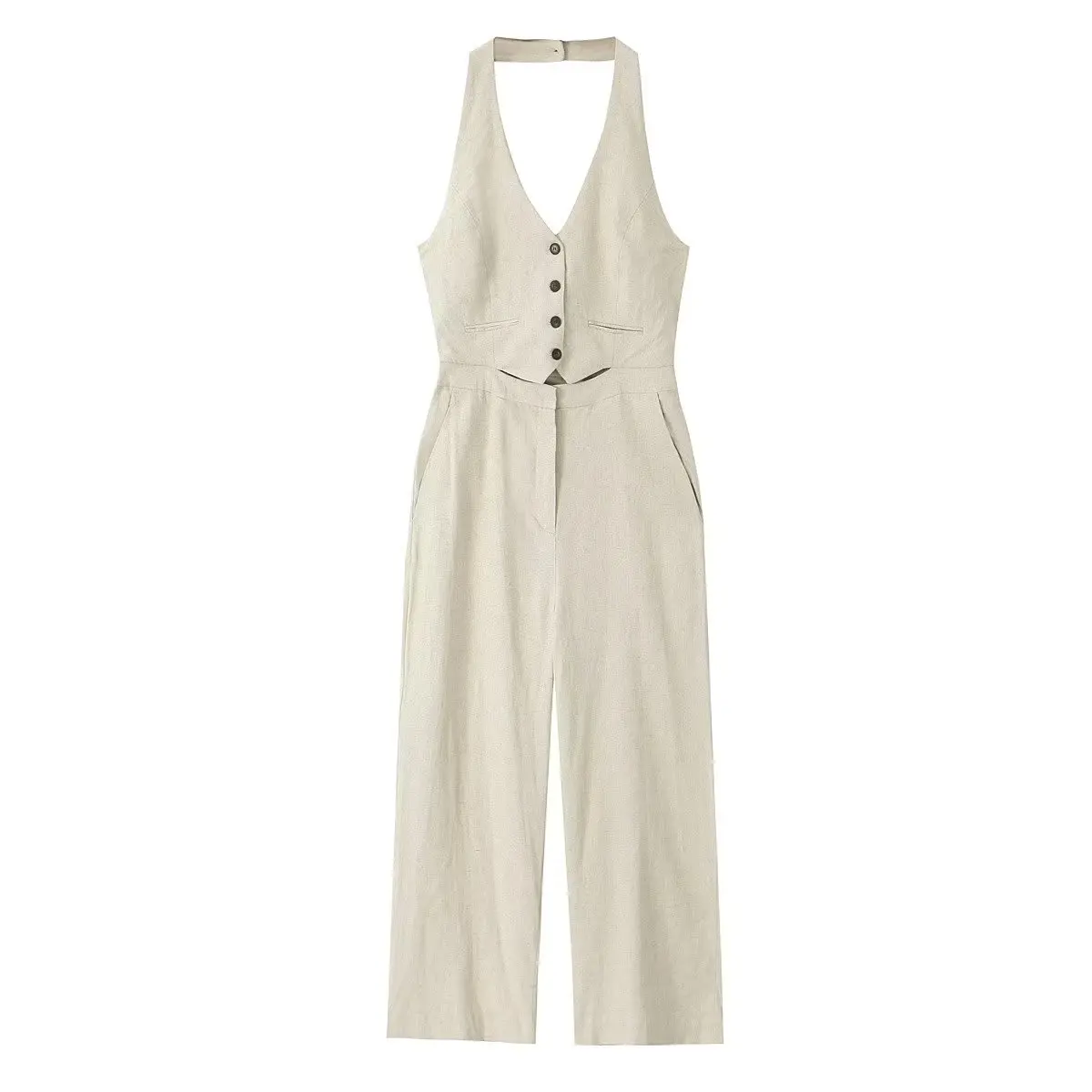 

Women's 2023 New Fashion Temperament Upper Body Vest Hanging Neck Halter Jumpsuit Retro Exquisite Button Jumpsuit Mujer