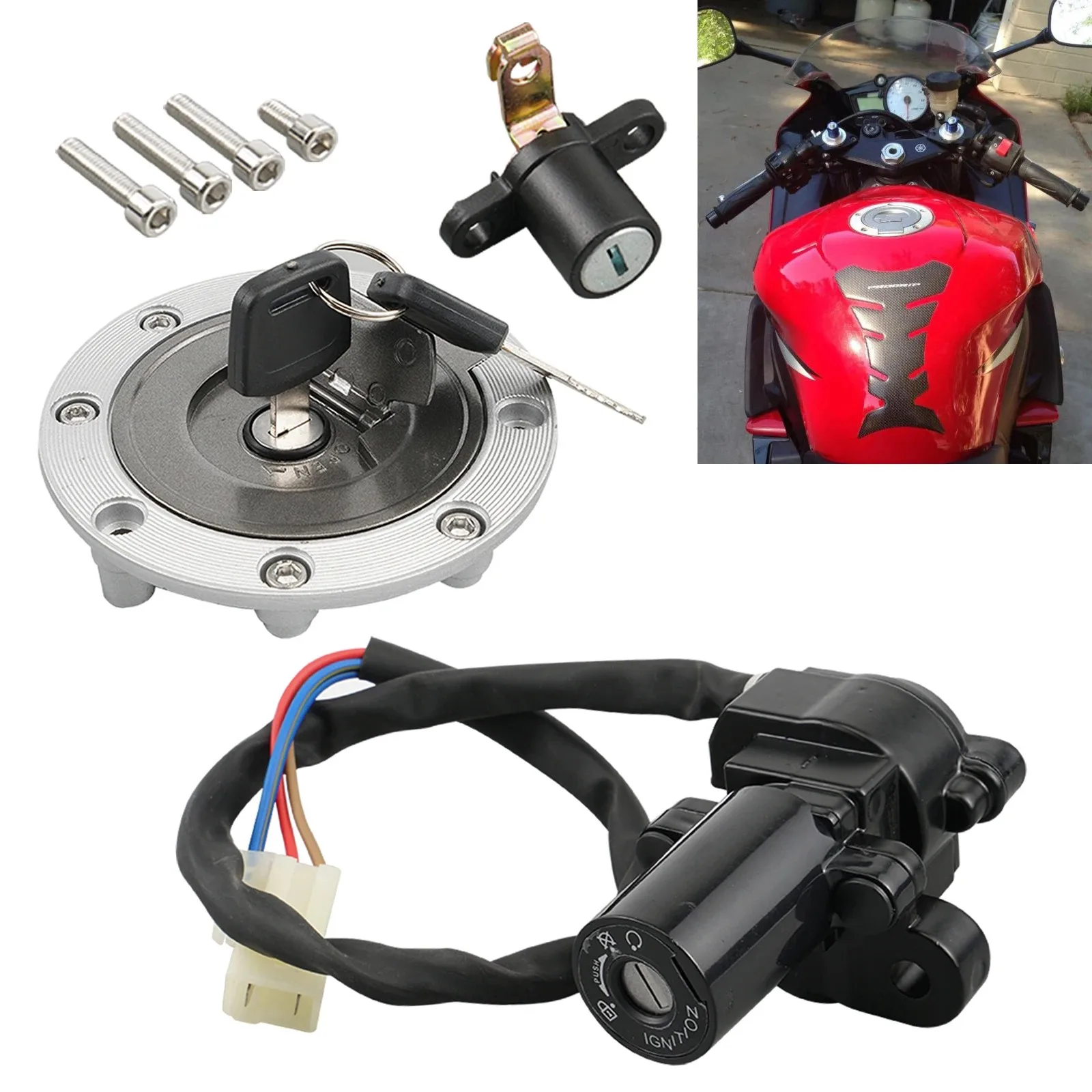 야마하 YZF R6 2003-2005 YZF R1 1998-2003 XJ6 XJ6F XJ6N 2009-2013 FJ1300 2001-2016용 연료 탱크 캡 커버 점화 스위치 1세트