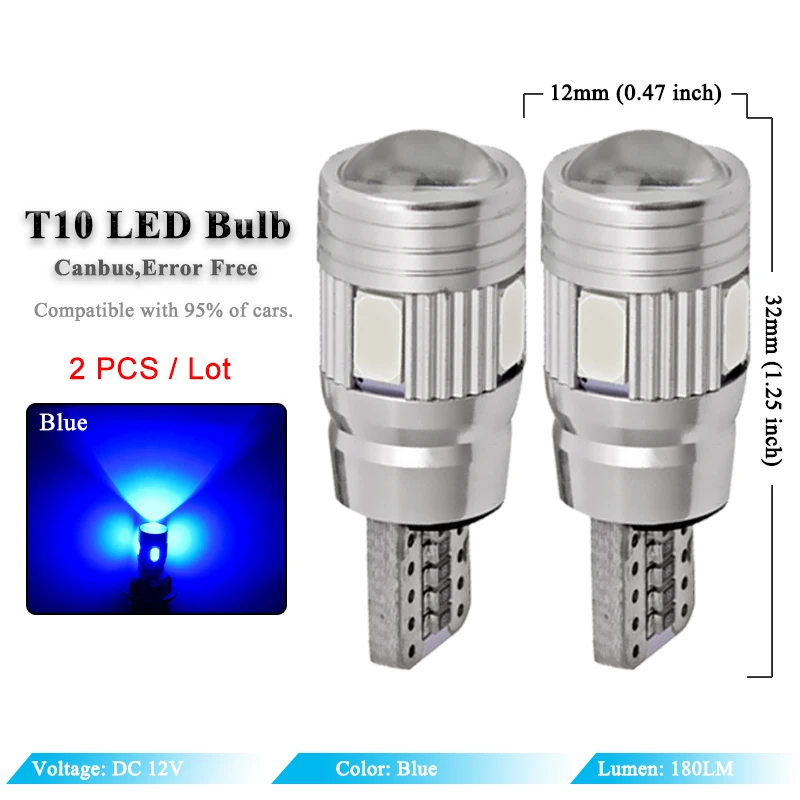 2x Car 5W5 LED Bulb T10 W5W LED Signal Light Canbus 12V 6000K Auto  Claerance Wedge Side Reverse Lamps 5630 6SMD Blue No error - AliExpress