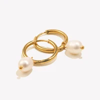 E.B.belle Minimalist Stainless Steel Small Hoop Earrings Freshwater Pearl Charms Girls Ladies Trendy Jewelry 2024 Pearl Earrings