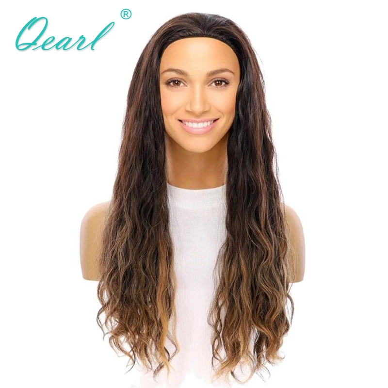 Human Hair Wigs Band Falls Wig Brown Blonde Ombre Color Glueless 3/4 BandFall Wig Loose Wave None lace top wigs Sale Qearl