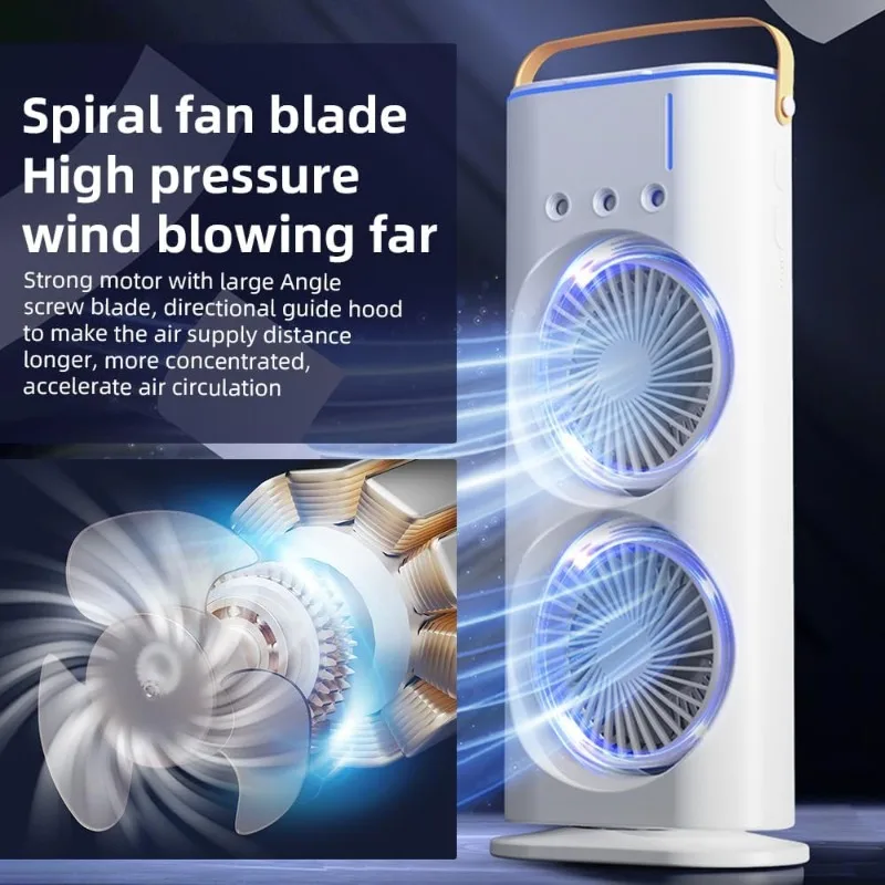 Portable Desk Fan Dual Head Spray Tower Air Cooler 3 Speeds 7 Colors Light Rotatable Air Conditioner Strong Wind High Efficiency 2