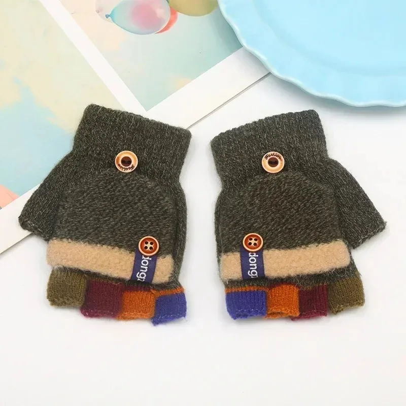 New Half Finger Flip Kids Gloves Jacquard Color Matching Autumn Winter Warm Gloves for Children Student Writing Baby Gloves