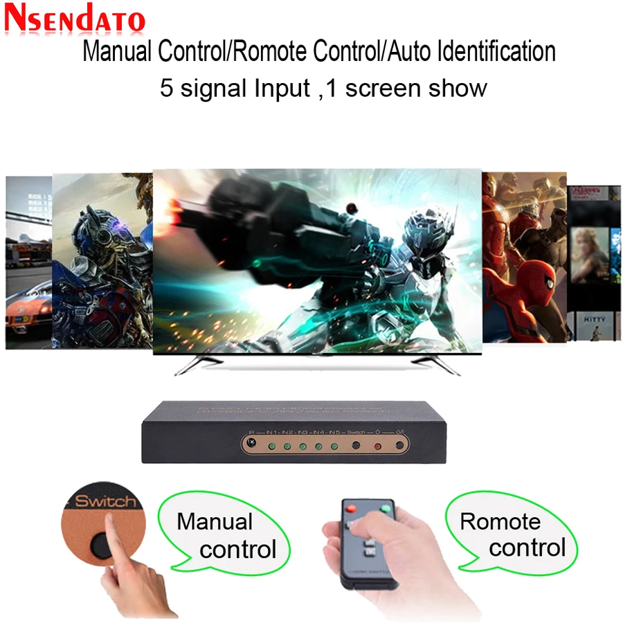 4K 60Hz 5 Port HDR HDMI 2.0 Switcher 5X1 5 in 1 out 4K 60Hz HDMI Switch With Auto & IR for PS4 DVD Blue-ray Player PC HDCP2.2
