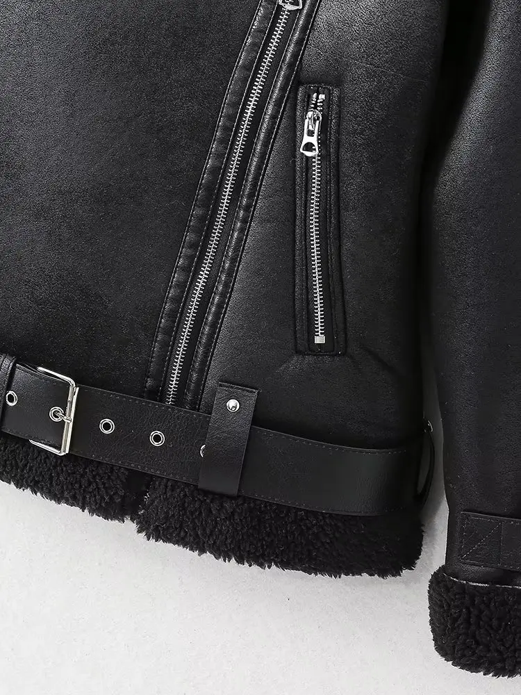 Withered British Plush Winter Warm Jacket Women Vintage Leather Jacket Zippers Coat Tops