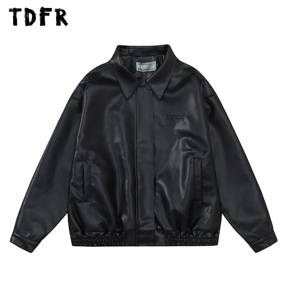 

Solid Color PU Leather Jacket Mens Autumn Casual Streetwear Loose Lapel Zipper Long Sleeve Leather Jacket Men