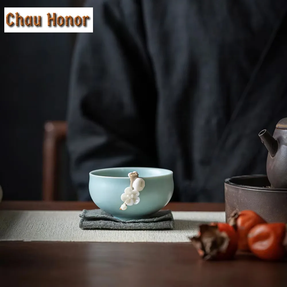 Handmade Sky Blue Ru Kiln Ceramic Tea Cup Hand Pinch Flower Bud Porcelain Master Cup Antique Customization Tea Bowl Gift Box