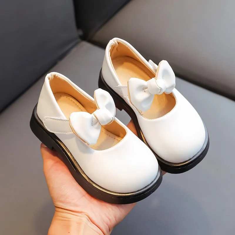 Leather Kids Shoes for Girls with Bow Non Slip Soft Sole