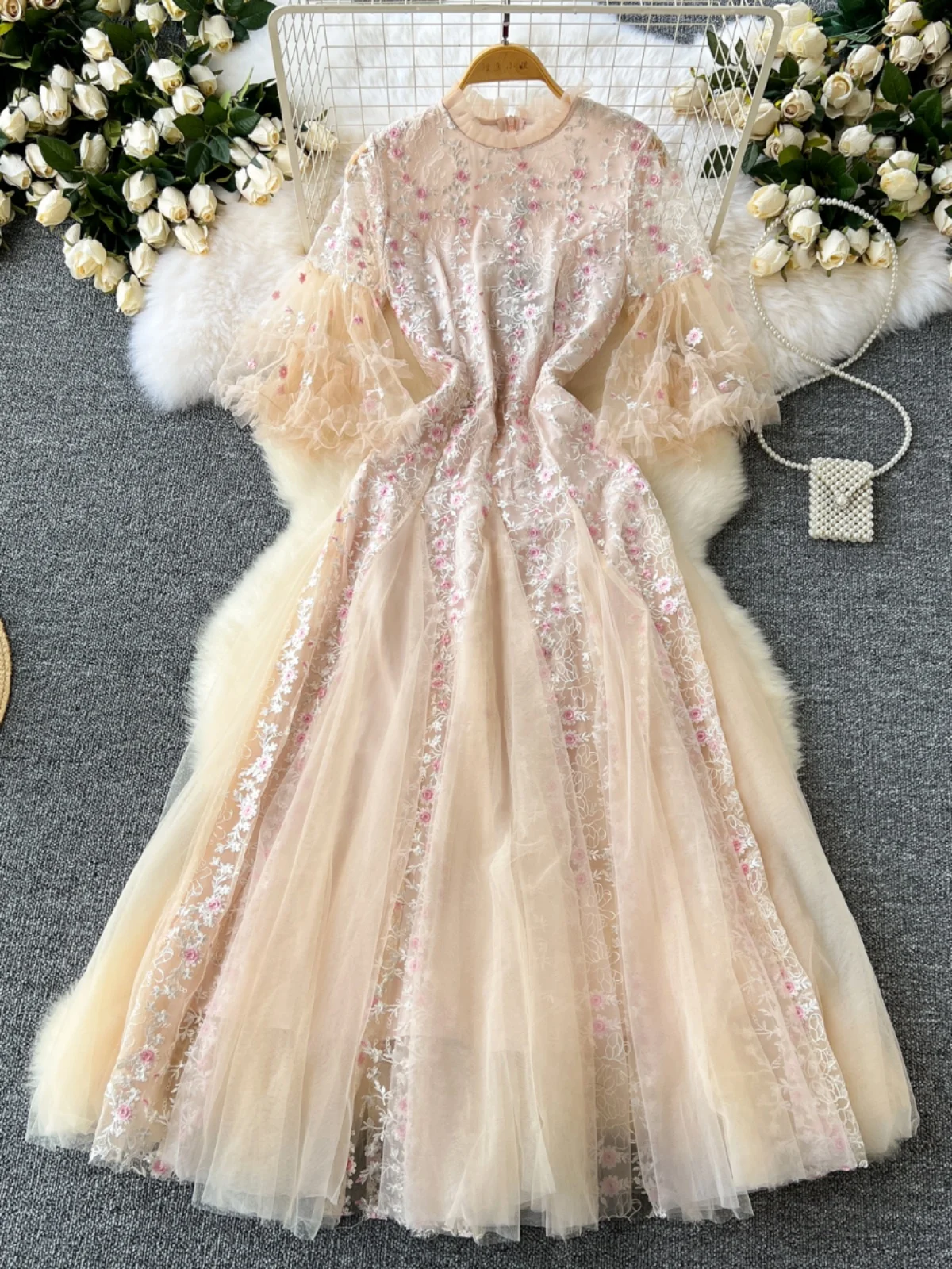 

Harajpee Dresses High End Women Niche Stunning Dresses Heavy Industry Embroidery Mesh Splicing Slimming Elegant Fairy Vestido
