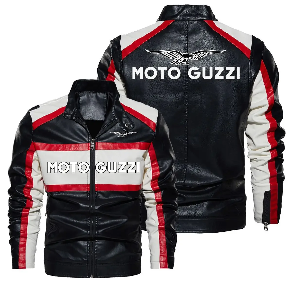New Moto Guzzi Contrast PU Leather Jacket Men's Autumn Winter Men High Quality Coat Motorcycle Style Casual Jackets Black Warm O 2