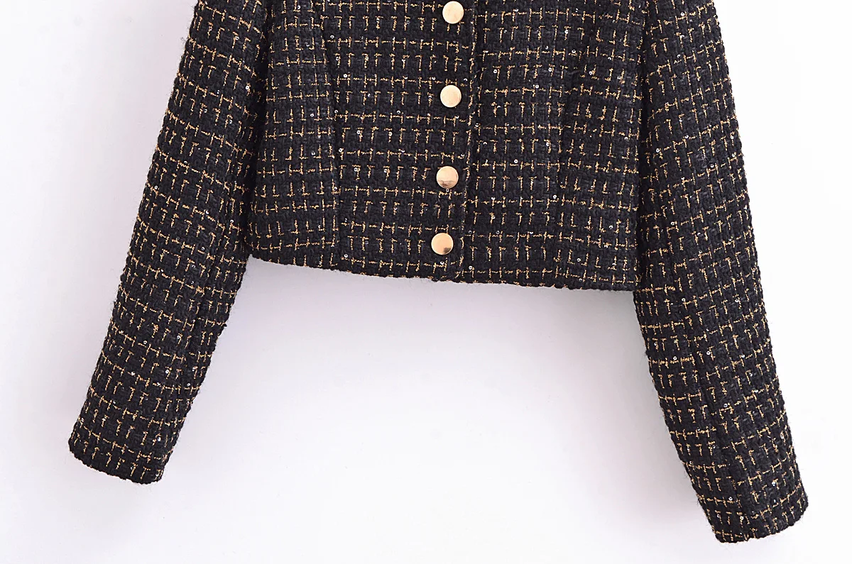 French Retro Women Black Weave Gold Line Tweed Blazer High Waist Center Buttons Back Zipper Mini Skirt Set Suits 2 pieces 1 set