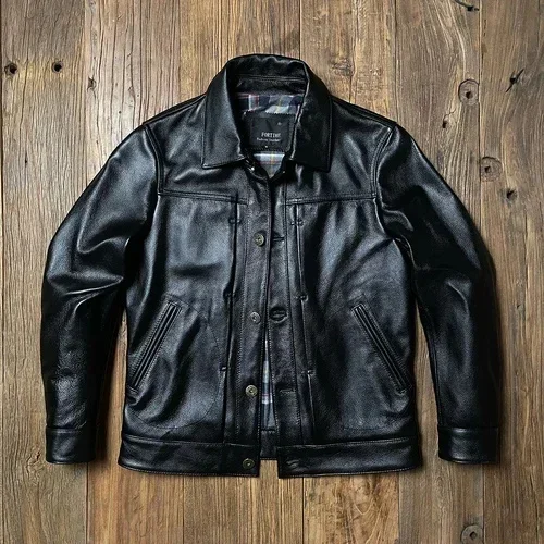 thumbnail image 1 of Nueva chaqueta casual de cuero de vaca con capa para la cabeza para hombre 2024, modelo vaquero, chaquetas clásicas con solapa de un solo pecho, 1 of 5