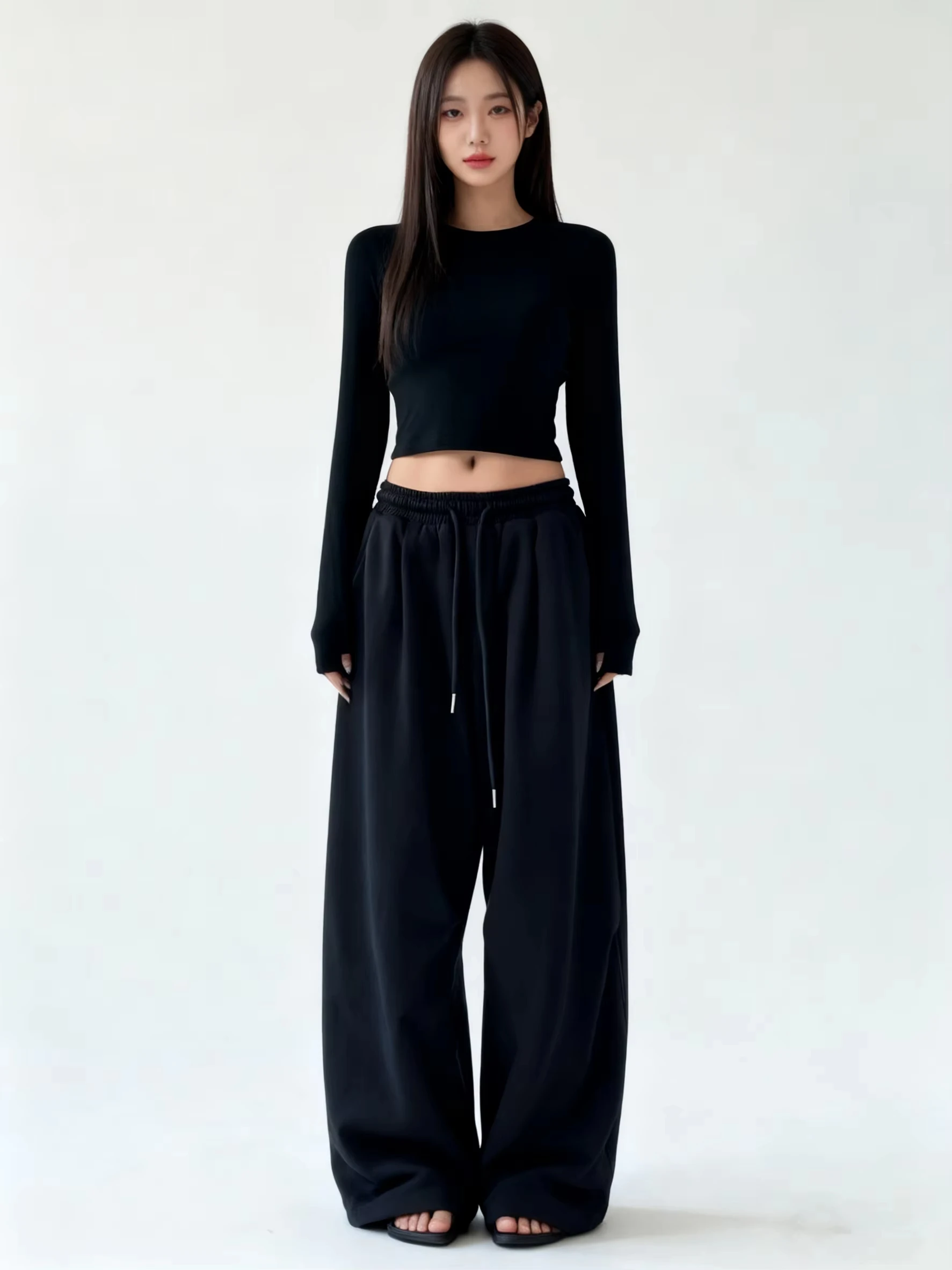 Pantalones S de pierna ancha de gran tamaño para mujer, pantalones largos negros lisos con bolsillos, corte holgado, informal