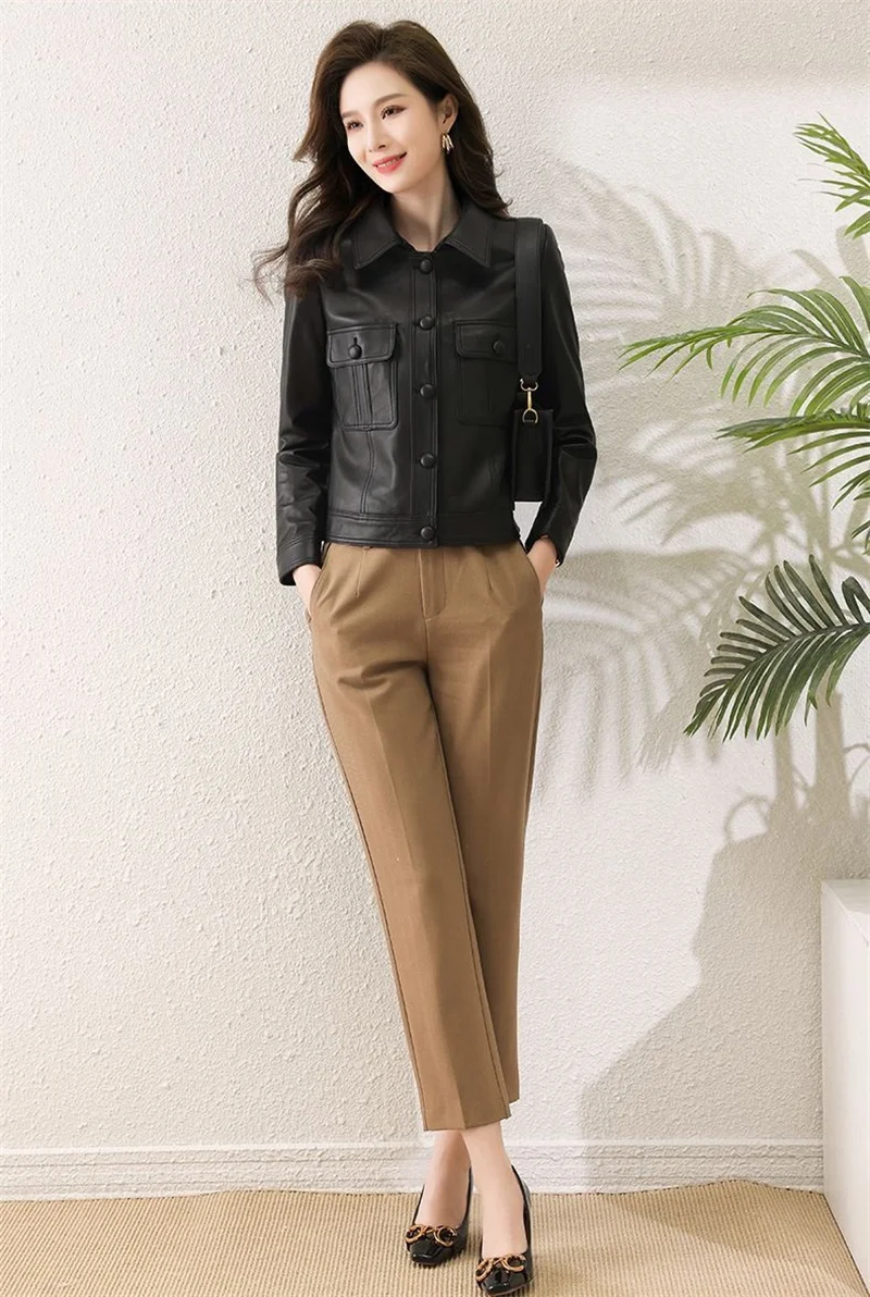 Lapel PU Leather Jacket Women 2024Spring Autumn New Coat Fashion Locomotive Goddess Overcoat High Quality Short Outerwear Female